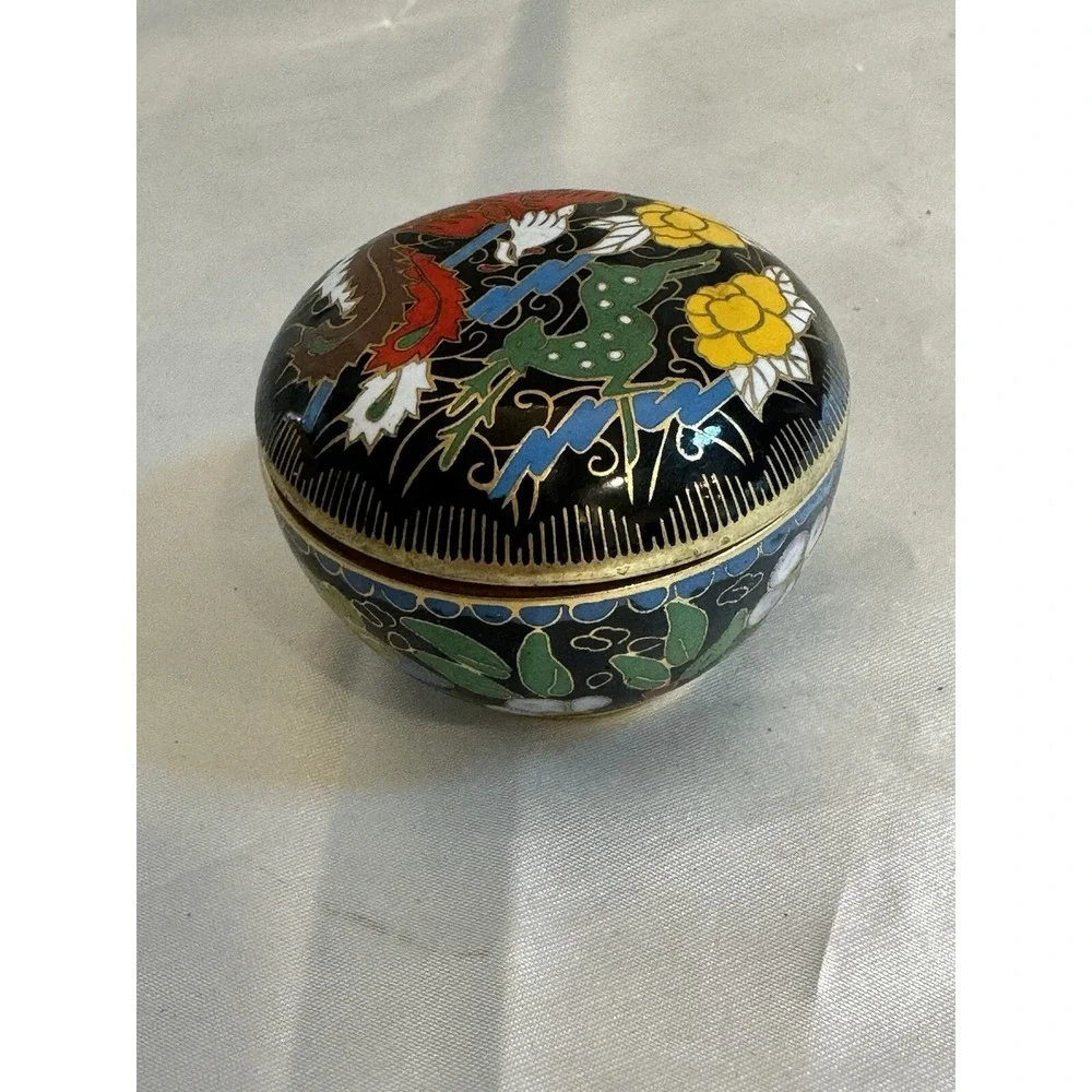 Vintage Bird Deer Cloisonné Blue Enamel On Brass Trinket or Pill Box Round